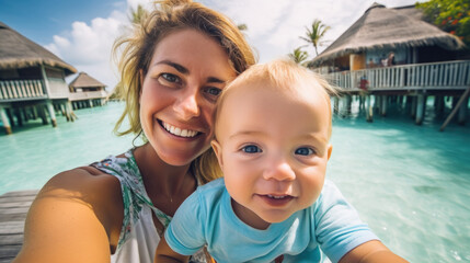 Fototapeta na wymiar Fun weekend alfresco. smiling active mother and daughter in beachwear in the swimming pool action cam taking selfie