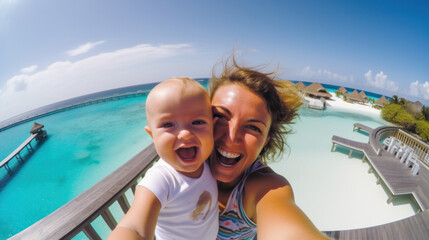 Fun weekend alfresco. smiling active mother and daughter in beachwear in the swimming pool action cam taking selfie