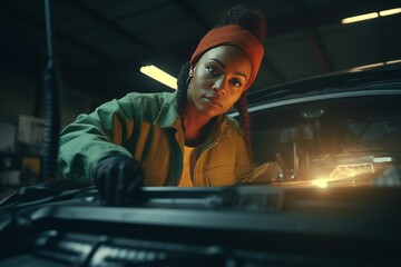 Young african american female mechanic examining under hood of car