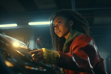 Young african american female mechanic examining under hood of car