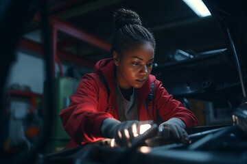 Young african american female mechanic examining under hood of car