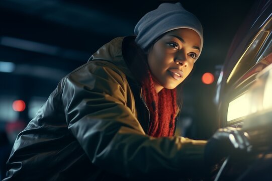 Young african american female mechanic examining under hood of car