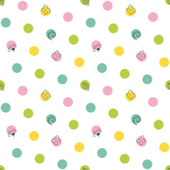 Multicolored polka dot seamless pattern on white background