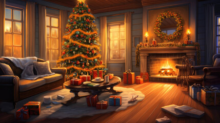 43. Cozy holiday evenings with a lit tree and hearth. - obrazy, fototapety, plakaty