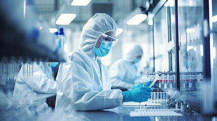 scientists in protective wear conducting research in modern laboratory, ideal for medical and scientific themes - obrazy, fototapety, plakaty