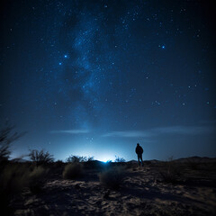 Obraz na płótnie Canvas Night sky with stars and silhouette of a standing alone man