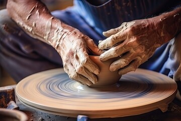 craftsman hands shaping pottery on spinning wheel, detailed view of clay molding process, perfect for art and craft themes - obrazy, fototapety, plakaty