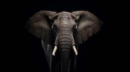 An elephant on a black background, front view