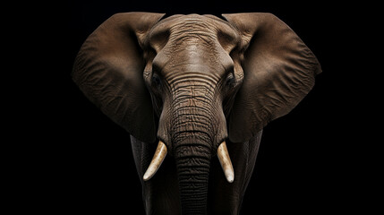An elephant on a black background, front view