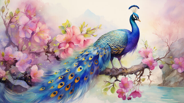 A peacock on a branch full of flowers watercolor painting