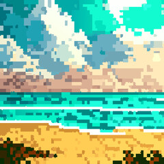beach and blue sky , pixel art, rpg maker