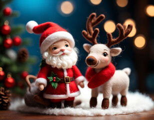 ミニチュアドール風 サンタクロースとトナカイ  Santa Claus and his reindeer in miniature doll style