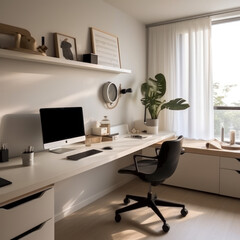  A sleek minimalist workspace with a floating desk 
