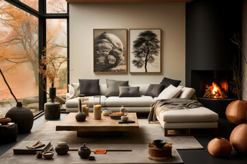 Elegant living room with a cozy fireplace, stylish furnishings, and autumnal window view, radiating warmth and comfort.