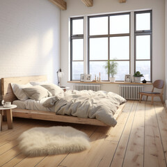 A modern Scandinavian-style bedroom with light 
