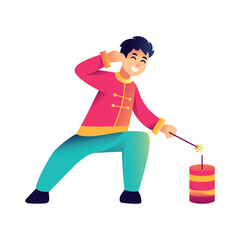 Vector Chinese New Year Boy Firecracker Illustration Isolated