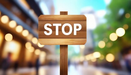 stop wooden sign on street - obrazy, fototapety, plakaty