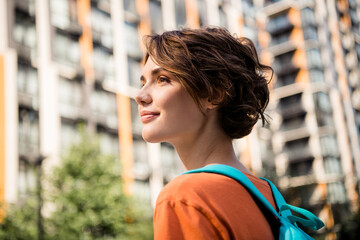 Photo of gorgeous lovely good mood girl dressed stylish outfit enjoying sunny weather weekend...