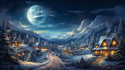 Starry Christmas night in a Christmas village. The village is in a snow-covered valley, and the houses are decorated with twinkling lights. Christmas tree stands in the center of the village.