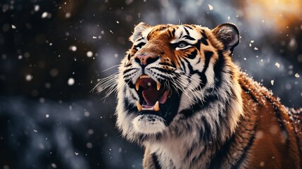 Big siberian tiger roaring against winter snowfall ambience background with space for text, background image, AI generated - obrazy, fototapety, plakaty