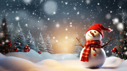 Snowman with scarf, amidst snowy pines, twilight flurry