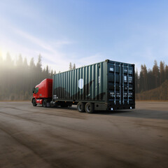 Naklejka premium Red truck pulls green shipping container on open terrain, backed by misty forest under a soft morning sky.