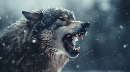 Big wolf roaring against winter snowfall ambience background with space for text, background image, AI generated - obrazy, fototapety, plakaty