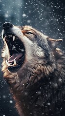 Big wolf roaring against winter snowfall ambience background with space for text, background image, AI generated