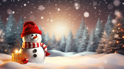 Obraz premium Vibrant snowman in snowy pines during twilight flurry