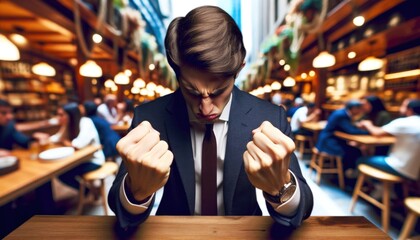 Businessman in stress because of deadline with wristwatch clenching his fists, with a blurred background of a bustling cafe during the break - obrazy, fototapety, plakaty