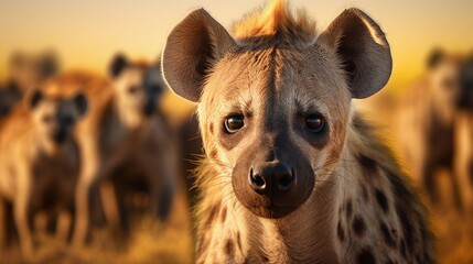 Male Hyena against a herd of Hyenas savanna ambience background with space for text, background image, AI generated - obrazy, fototapety, plakaty