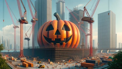 Huge giant Halloween pumpkin in business downtown among skyscrapers on construction site during...