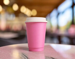 pink coffee cup mockup on restaurant table.