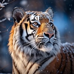 Majestic tiger against winter ambience background with space for text, background image, AI generated