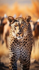 Male Leopard against a herd of Antelopes savanna ambience background with space for text, background image, AI generated