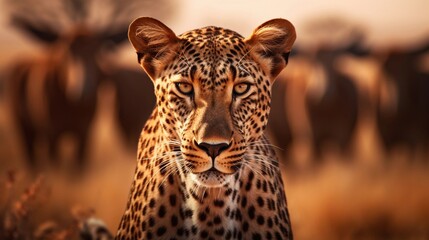 Male Leopard against a herd of Antelopes savanna ambience background with space for text, background image, AI generated