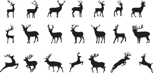 deer illustration, silhouette of reindeer or deer with antler, animals - obrazy, fototapety, plakaty