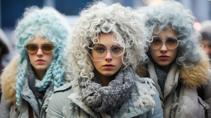 Participants with oddly frozen hair at Canadian contest. - obrazy, fototapety, plakaty