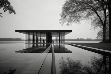 Monochrome photo of contemporary structure featuring glass doors and unidentified individual by entrance, with calm water mirroring surroundings. Generative AI