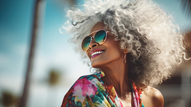 Happy senior african american woman smiling on camera while wearing trendy hat during summer time city street