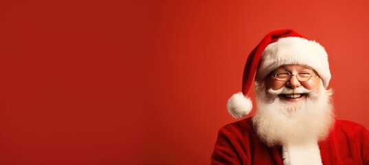 happy santa claus on a red background with space for copy - obrazy, fototapety, plakaty