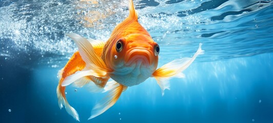 Animals gold fishes pets aquarium freshwater fish background - sweet cute goldfish (cyprinidae) swimming in blue water - obrazy, fototapety, plakaty
