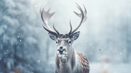 Portrait of a Reindeer against winter snowfall ambience background with space for text, background image, AI generated