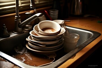 Dirty dishes in sink. Generative AI