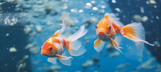 Animals gold fishes pets aquarium freshwater fish background - Two sweet cute goldfishes (cyprinidae) swimming in blue water - Powered by Adobe