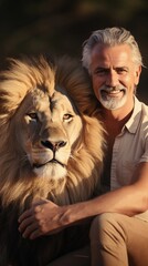 A smiling man posing with a male lion against savanna ambience background, background image, AI generated