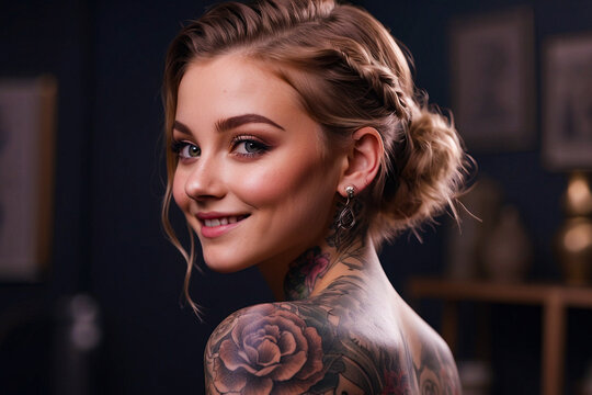 Portrait of a 20 year old girl with body tattoos. woman, beauty, hair, fashion, face, model, people, person, brunette, glamour, one, eyes