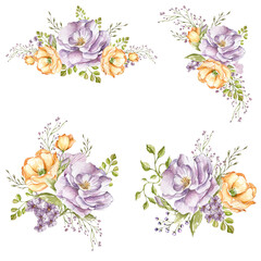 lilac delicate roses, light orange poppies, decorative twigs and leaves. Set with bouquets watercolor illustration on a white background. in the style of a sketch.