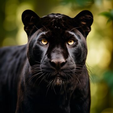 Portrait of a big male black panther against forest ambience background with space for text, background image, AI generated