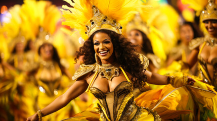 Costumed dancers parading at Rio Carnival, Brazil.